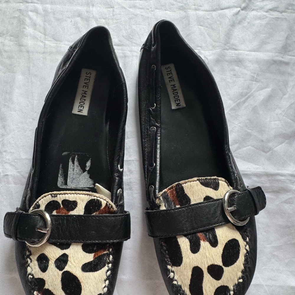 Steve Madden Black and Leopard Print Loafers leather NEW